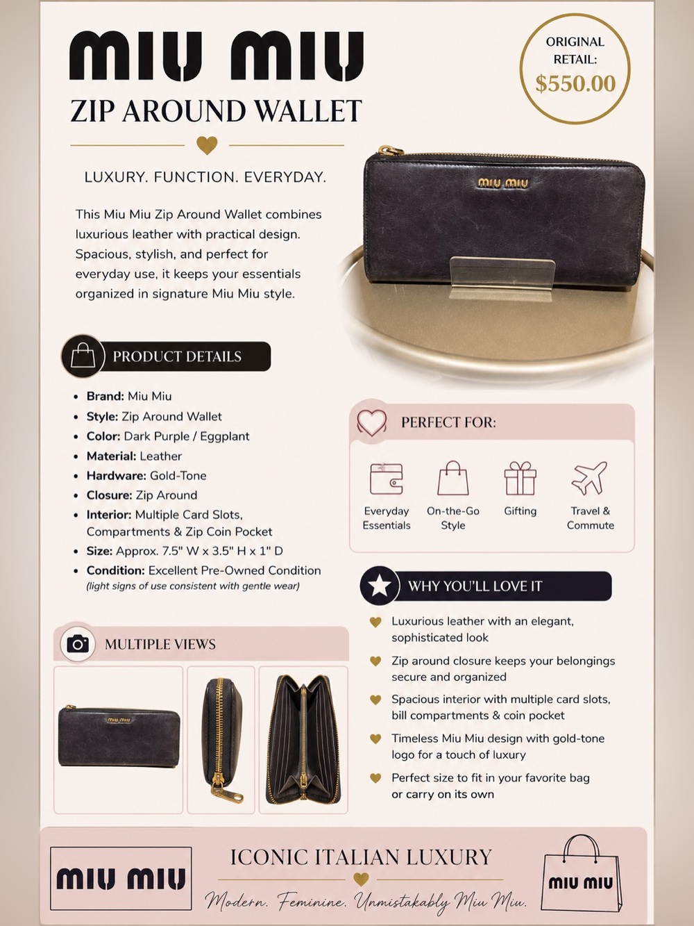 Miu Miu Leather Zip-Around Wallet with Gold Hardware